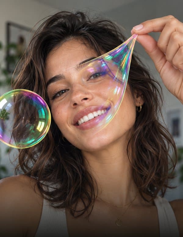 Bubble effect: Pinch the air, pull, let go: a soap bubble floats off.