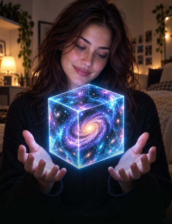 Galaxy Cube effect: A cube with a galaxy inside floats between your palms.