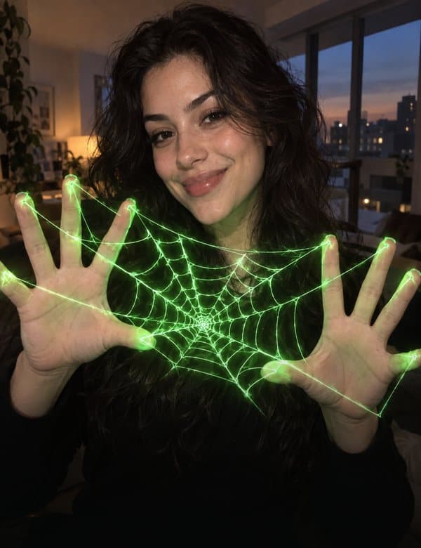 Web effect: Glowing threads stretch between your fingers.